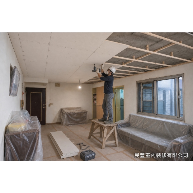 天花板-選用6mm矽酸鈣板，以螺絲固定於角材骨架，板縫預留待批土處理，封板面平整、螺絲孔規律排列