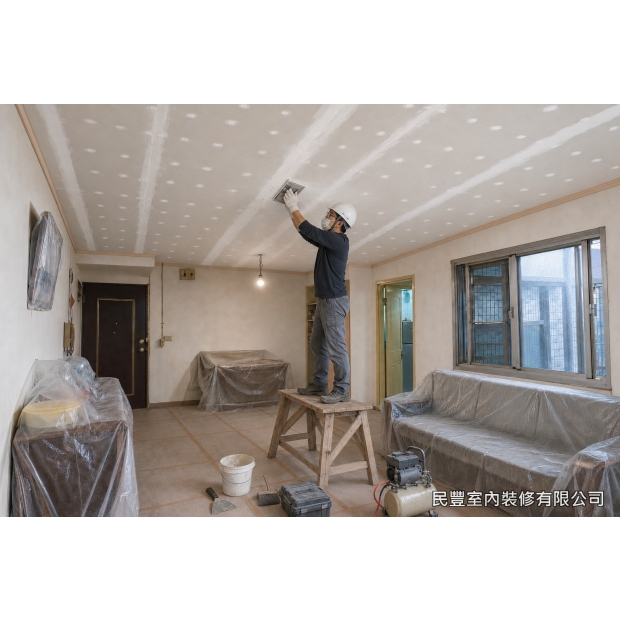 天花板-板縫以AB膠與批土填補，乾燥後全面打磨平整，完成木作收尾，後續交由油漆工程塗裝